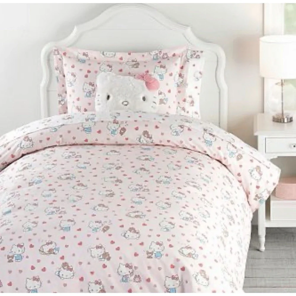 Pottery Barn‎ Hello Kitty Classic Hearts Full/Qn Duvet Cover EUC Organic Cotton